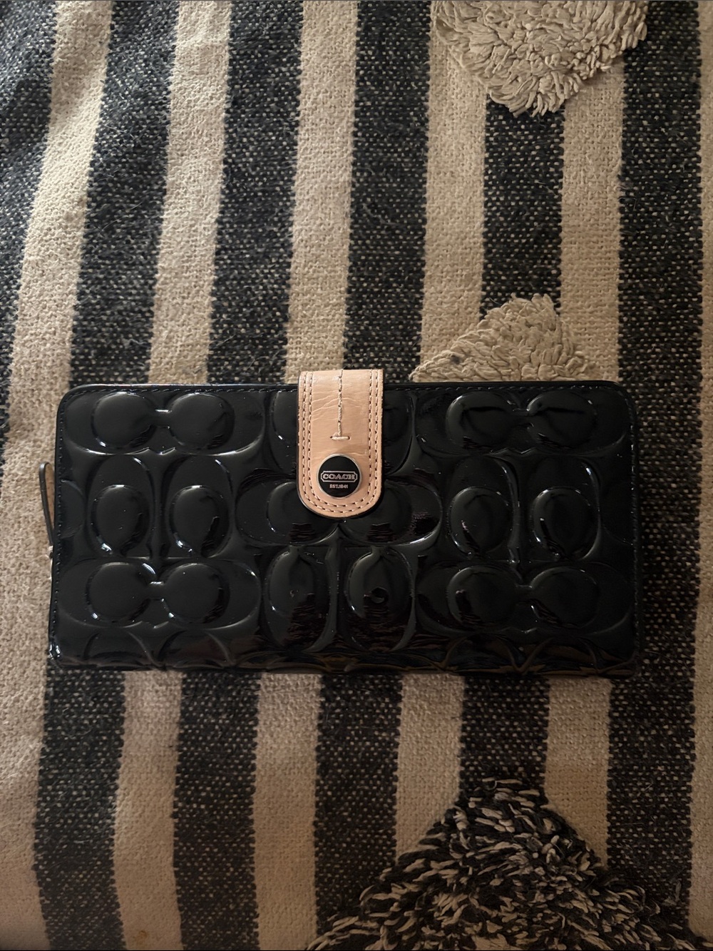 Coach Black Patent Leather Wallet with Tan Snap Tab